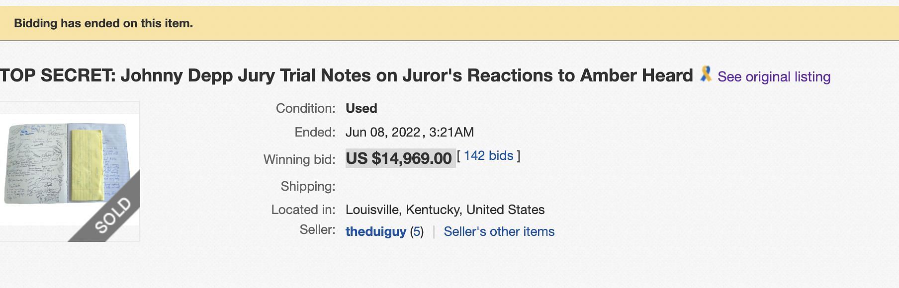 Journal with &#039;TOP SECRET&#039; information from Depp Vs. Heard trial sold for $15000 (Image via ebay.com)