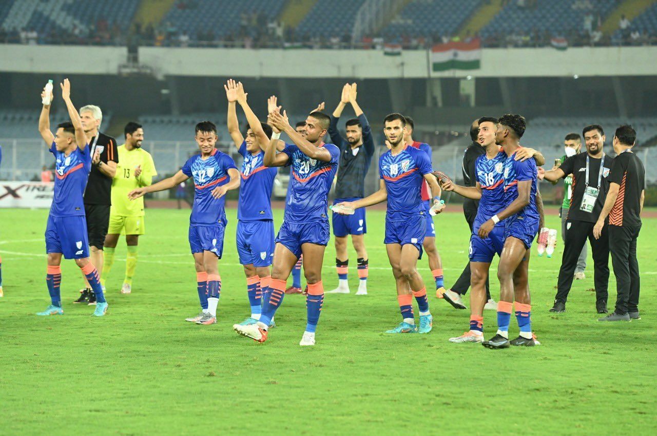 The Indian players applauding the fans after the victory against Cambodia. (Image Courtesy: AIFF Media)