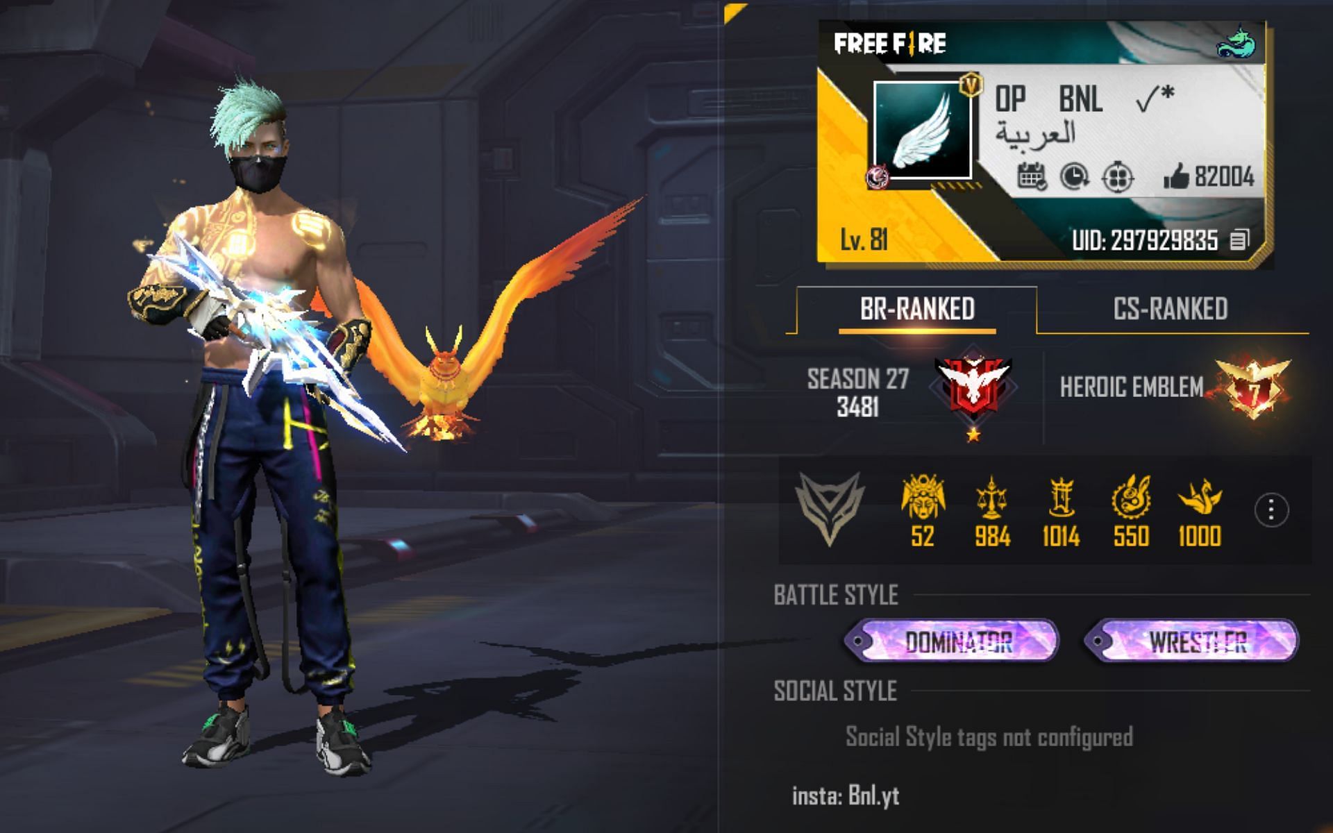 BNL is a Tunisian YouTuber, and this is his Free Fire MAX ID (Image via Garena)