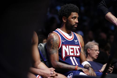 Kyrie Irving #11 of the Brooklyn Nets looks on during the first half against the Indiana Pacers at Barclays Center on April 10, 2022 in the Brooklyn borough of New York City