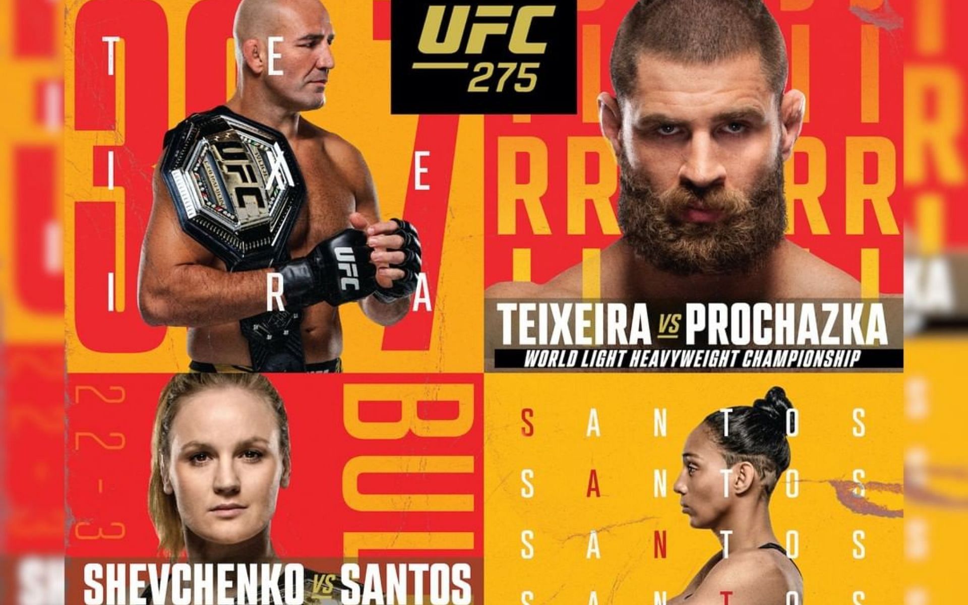UFC 275 poster featuring Teixeira (top left) Prochazka (top right) Shevchenko (bottom left), Santos (bottom right) (image via Instagram@ufc)