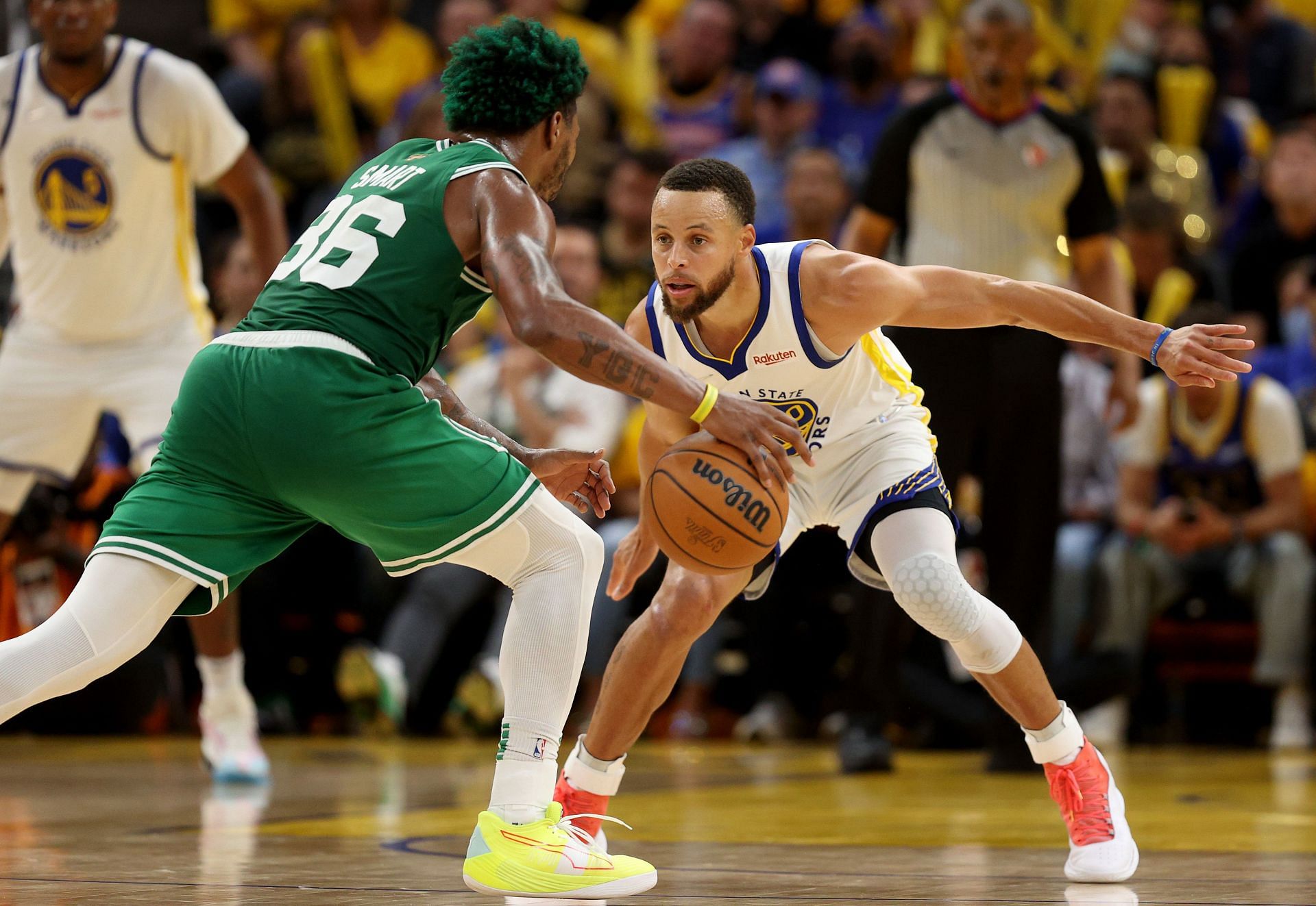 Steph Curry guarding Marcus Smart during 2022 NBA Finals - Game Two