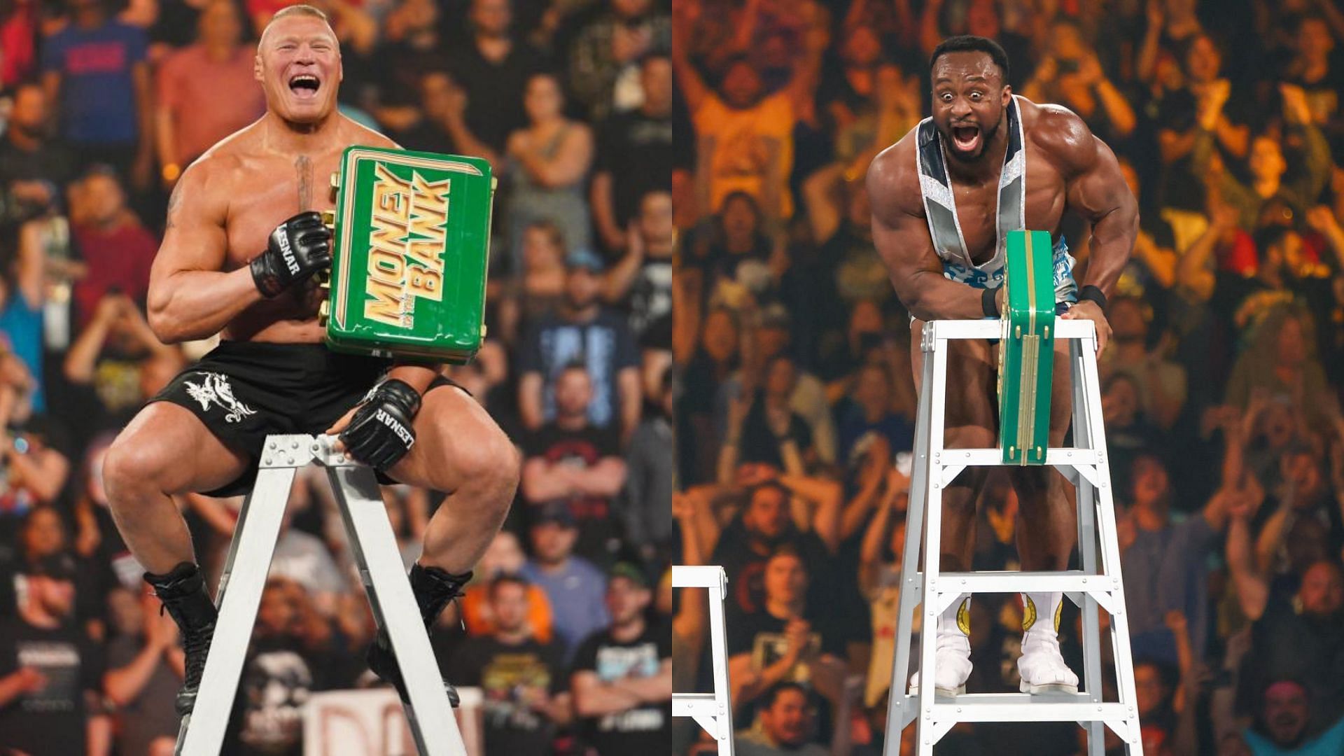 Big E and Brock Lesnar celebrate their respective MITB wins