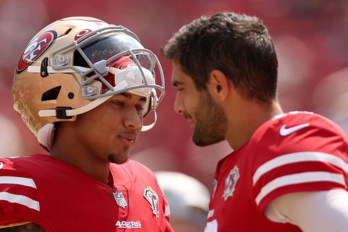 San Francisco 49ers quarterbacks Trey Lance and Jimmy Garoppolo.