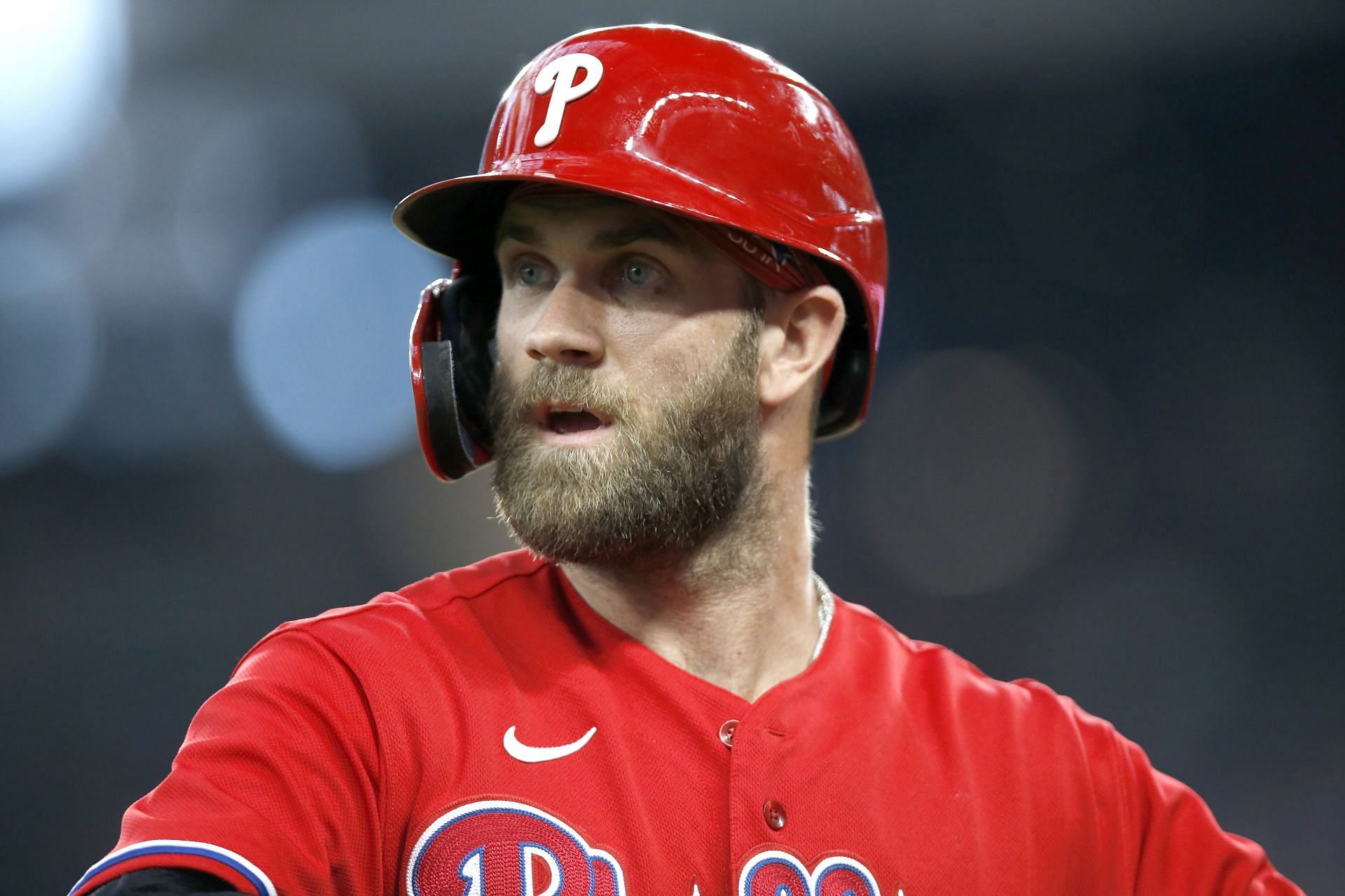 Bryce Harper walks back after striking out in the eighth inning of today&#039;s Phillies v Rangers game.