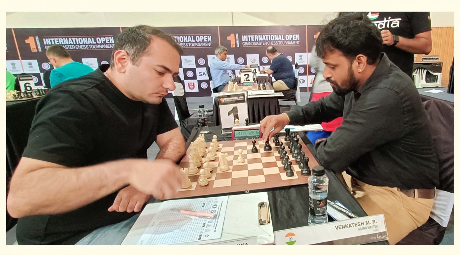 GM Paichadze Luka of Georgia (L) beat Indian GM Venkatesh MR to jump to sole lead on Thursday. (Picture credit: AICF)