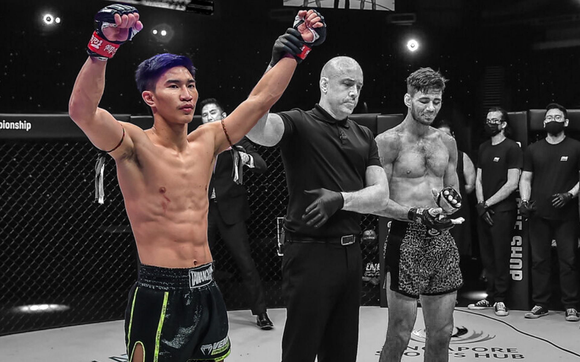 Tawanchai PK.Saenchai (L) is happy about his dominant performance in his main event clash with Niclas Larsen (R) at ONE 158. | [Photo: ONE Championship]