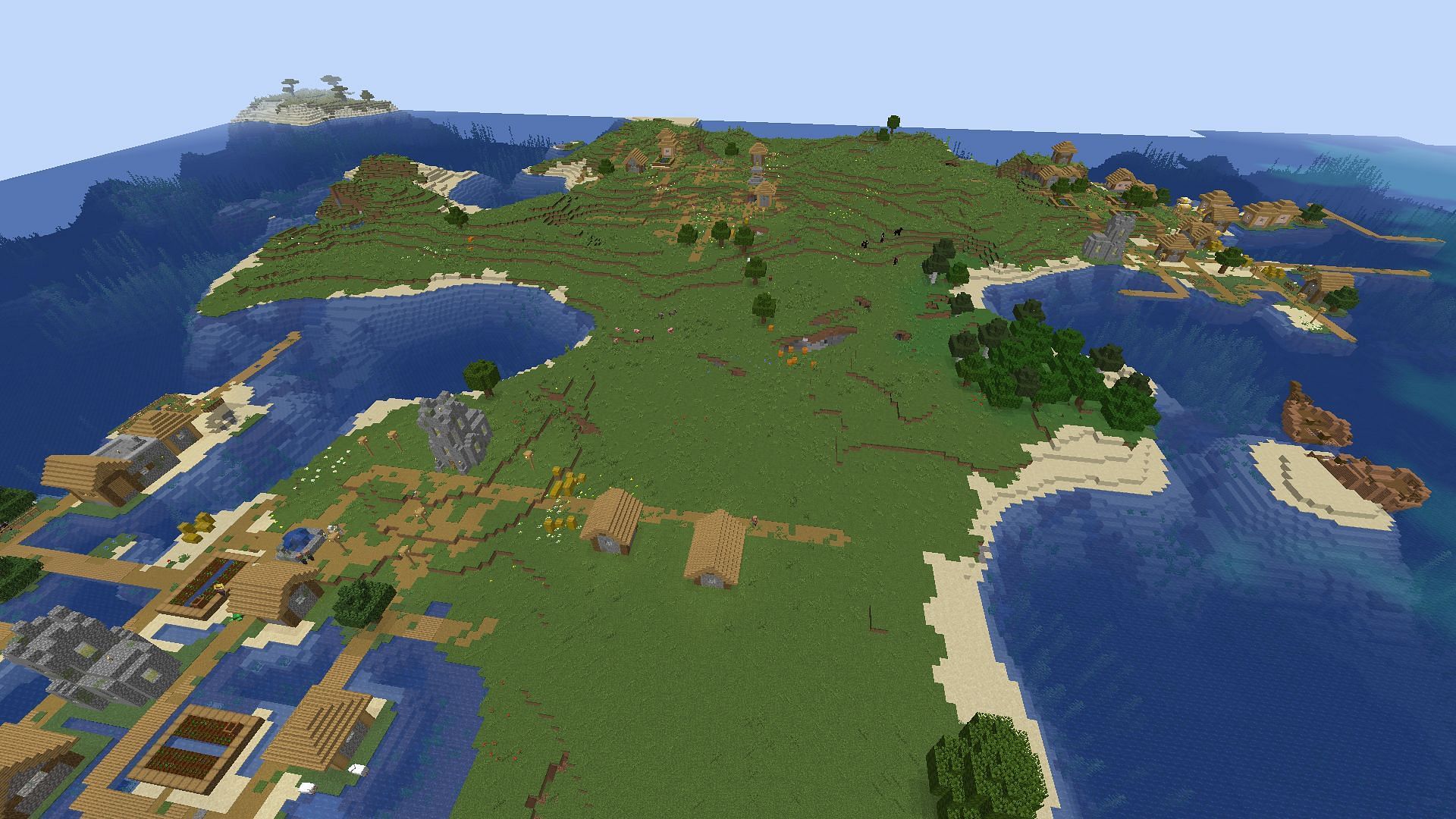 The spawn island with three villages and a shipwreck (Image via Minecraft)