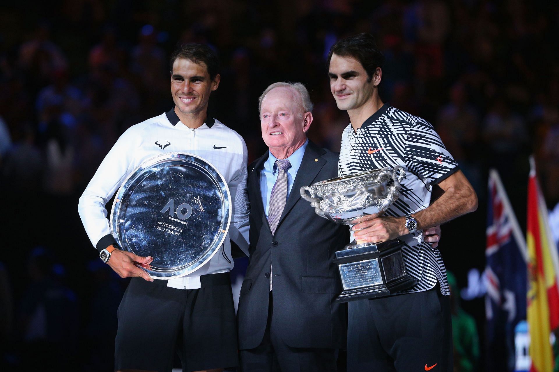 Nadal poses with the runner-up trophy at the 2017 Australian Open