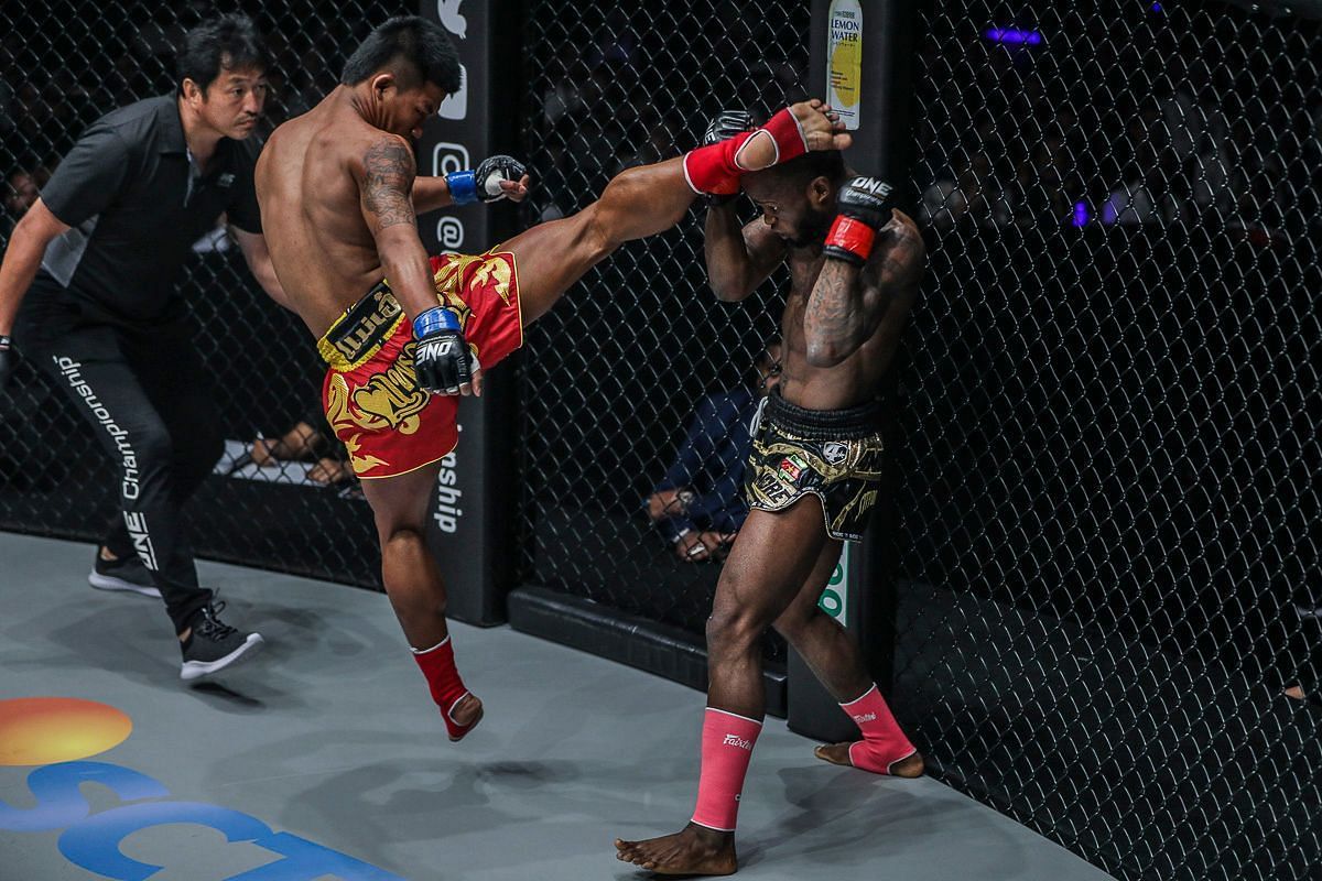 Rodtang (left) lands a kick on Sergio Wielzen (right) at ONE: Conquest of Heroes [Photo Credit: ONE Championship]