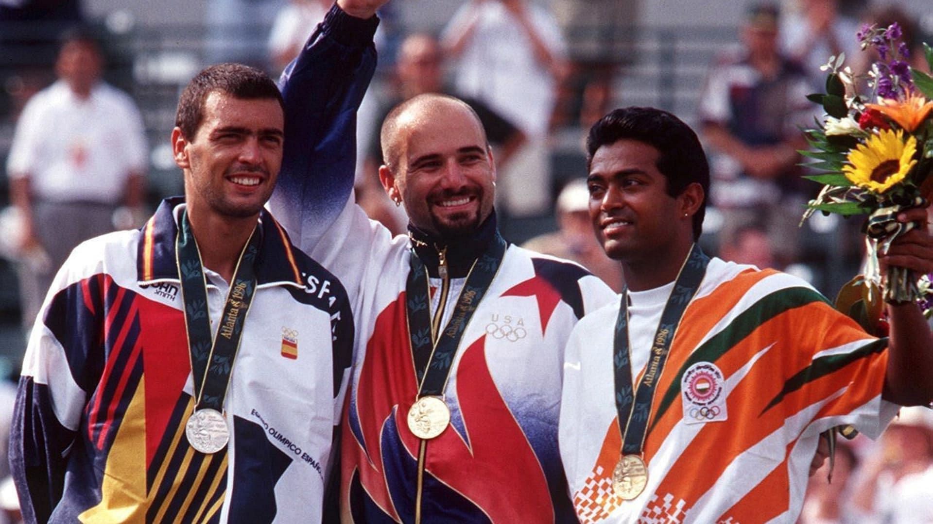 India&#039;s Leander Paes on the podium with Andre Agassi and Sergei Bruguera at the 1996 Atlanta Games