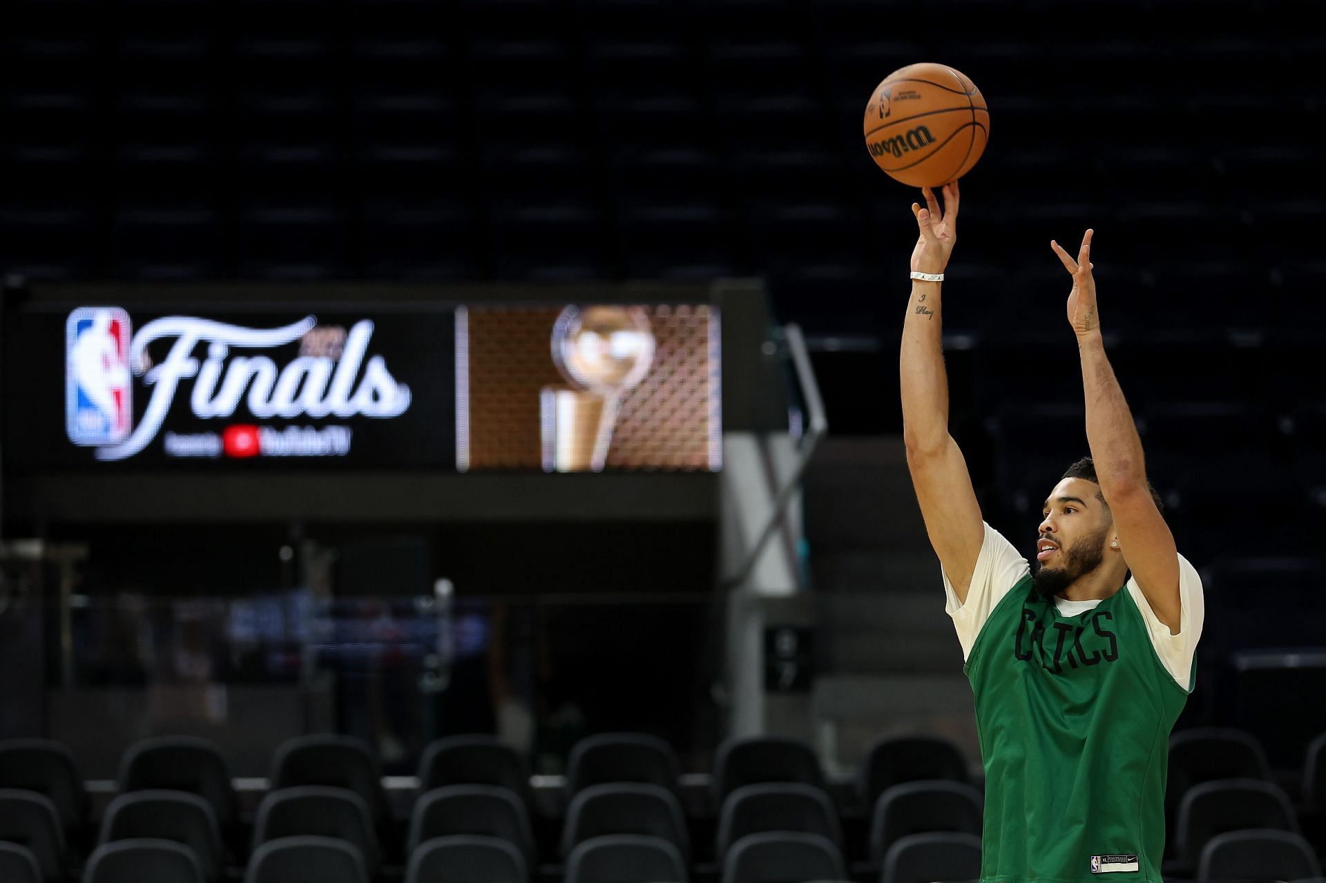 Jayson Tatum warms up before the NBA Finals Media Day