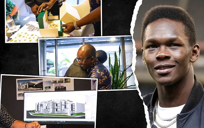 Video: Israel Adesanya gifts gold Rolex watch to his father, visits real estate company for multiple housing projects