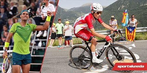 Rafael Nadal (L) and French cyclist Guillaume Martin (R)