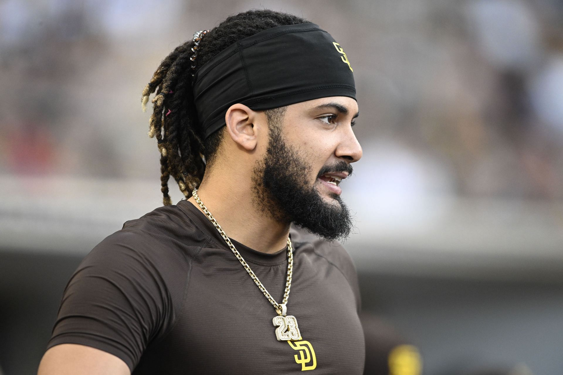 Tatis Jr. looks on during a Philadelphia Phillies v San Diego Padres game.