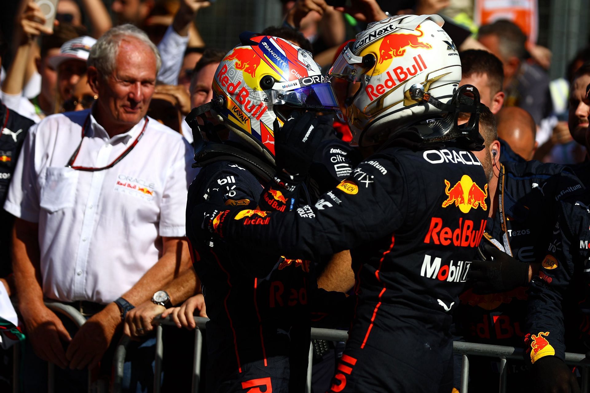 (From L to R: Red Bull team advisor Dr Helmut Marko, Sergio Perez and Max Verstappen after the 2022 F1 Azerbaijan GP. (Photo by Mark Thompson/Getty Images)