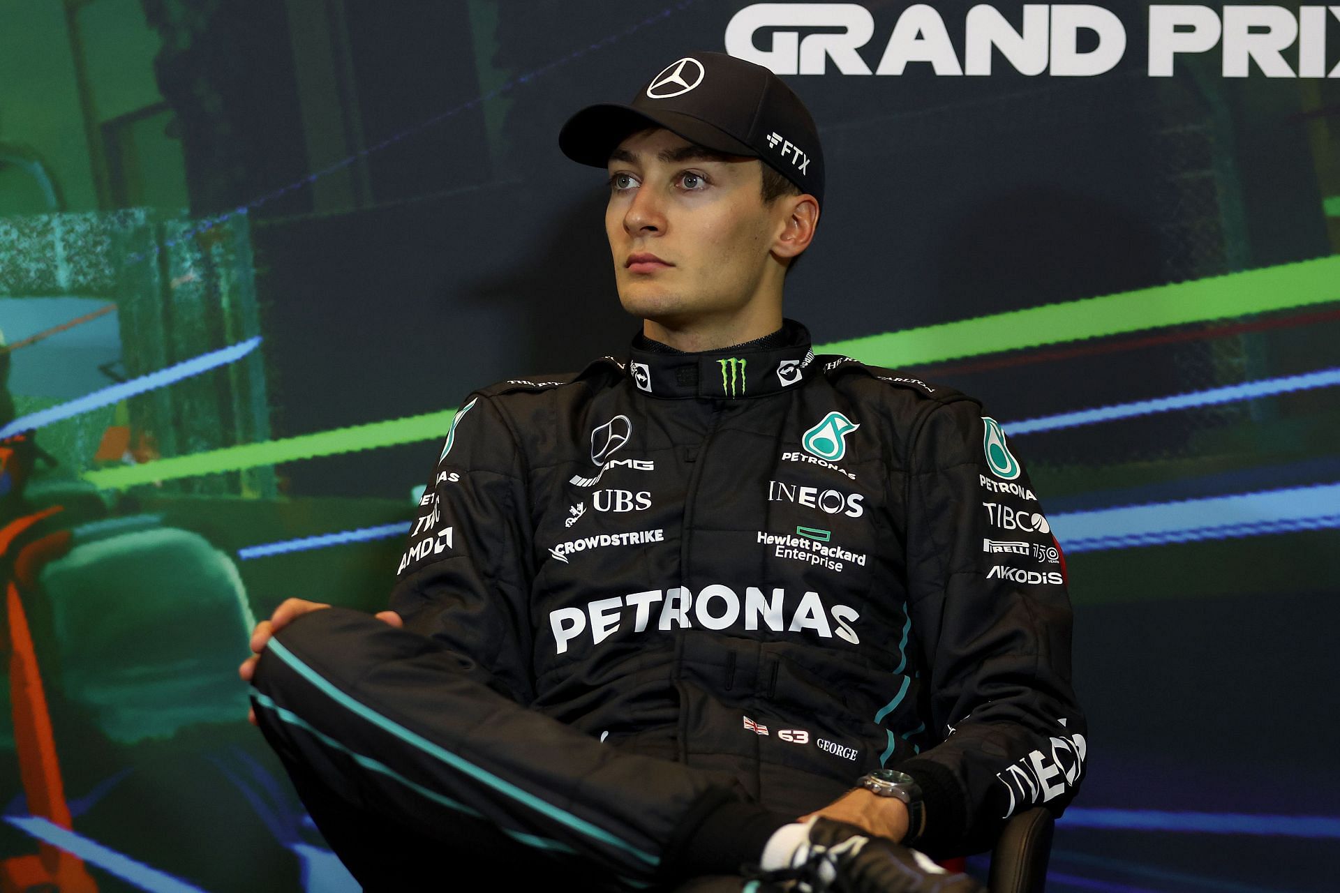 Mercedes driver George Russell speaks to the media after the 2022 F1 Azerbaijan GP (Photo by Bryn Lennon/Getty Images)