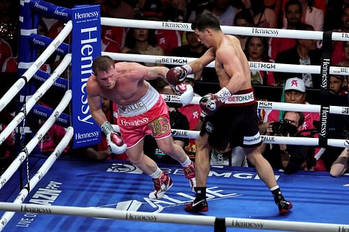 Canelo Alvarez (left) against Dmitry Bivol (right)