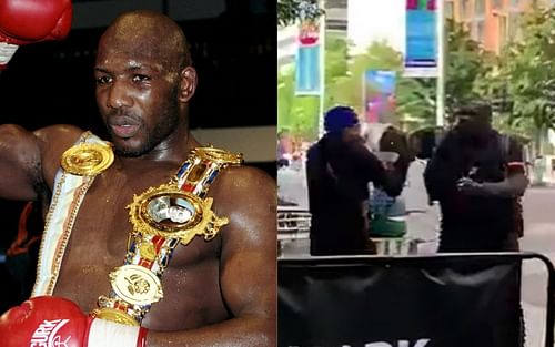 Julius Francis (left) and Julius Francis knocking out the troublemaker (right) (Image credits Getty and @MichaelBenson on Twitter)