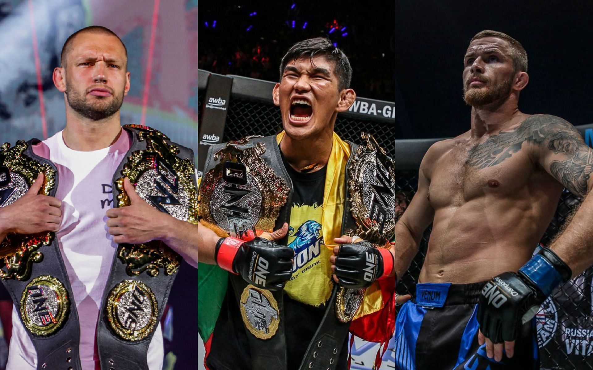 Aung La N Sang (center) looks forward for the middleweight title clash between Reinier de Ridder (left) and Vitaly Bigdash (right). [Photos ONE Championship]