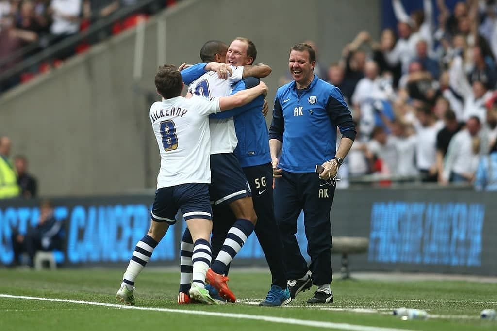 Simon Grayson celebrating a moment with his colleagues and players of Preston North End (Image Courtesy: Simon Grayson Instagram)