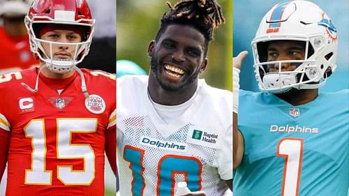 Chiefs QB Patrick Mahomes (l), Dolphins WR Tyreek Hill (c), and Dolphins QB Tua Tagovailoa (r). Source: Firstsportz