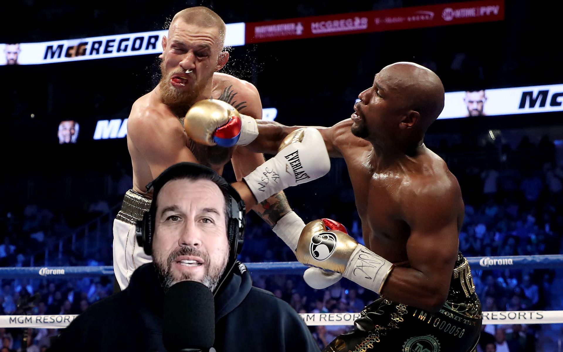 John McCarthy (left), Conor McGregor (center), and Floyd Mayweather (right) (Images via Getty and YouTube/MMAWeekly)