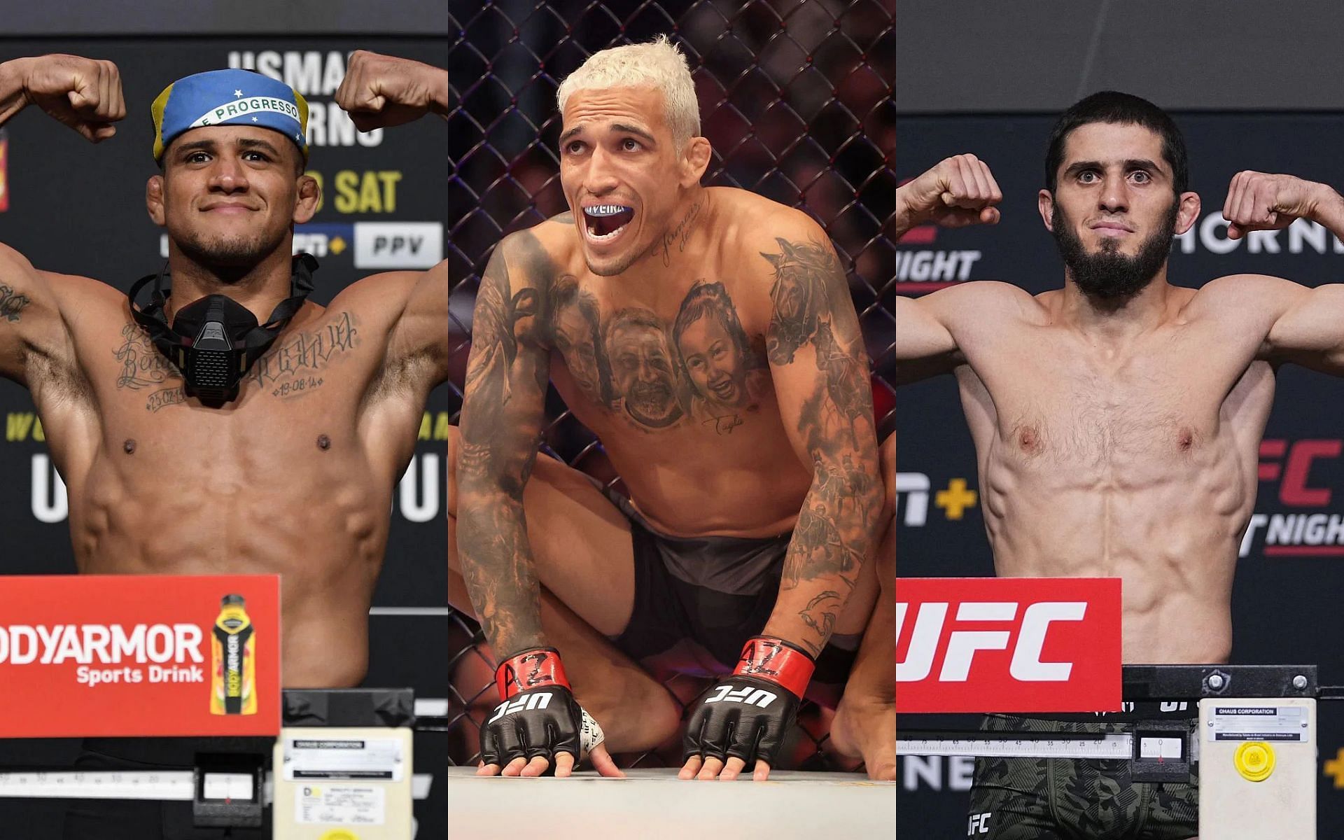Gilbert Burns (left), Charles Oliveira (center), and Islam Makhachev (right) [Images courtesy of Getty]