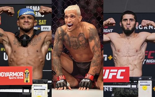 Gilbert Burns (left), Charles Oliveira (center), and Islam Makhachev (right) [Images courtesy of Getty]