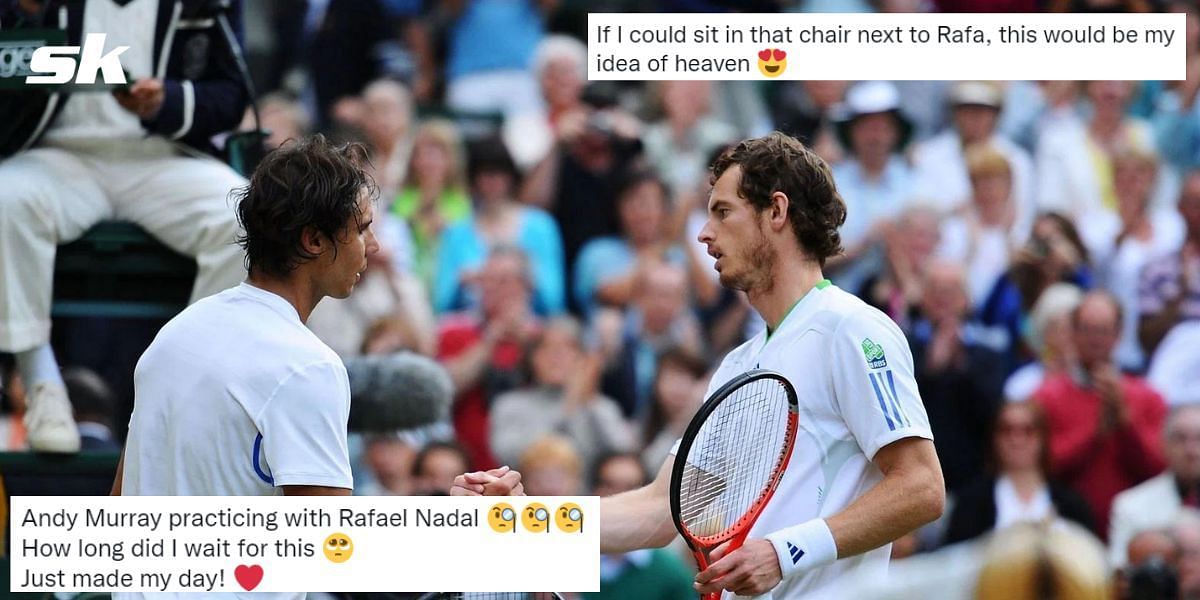 Tennis fans react to Rafael Nadal and Andy Murray in a practice session together at Wimbledon