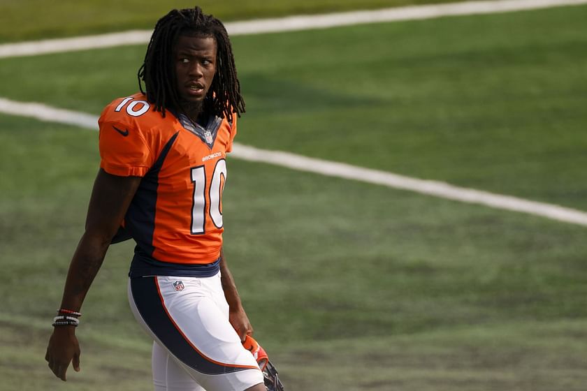 Broncos top receiver Jerry Jeudy carted off field with right