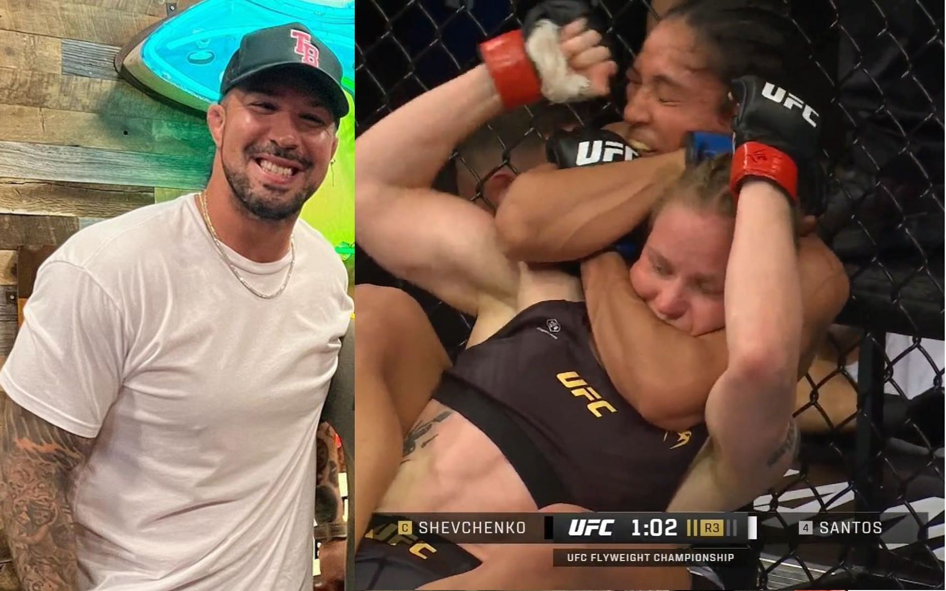 (left) Brendan Schaub; Taila Santos attempts rear-naked choke on Valentina Shevchenko (right) [Image Courtesy: @brendanschaub and @ufc on Instagram]