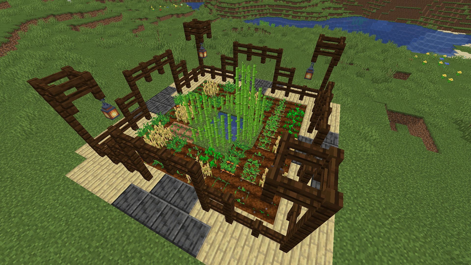 Un ejemplo de una pequeña granja con hileras de cultivos mixtos (Imagen a través de Minecraft)