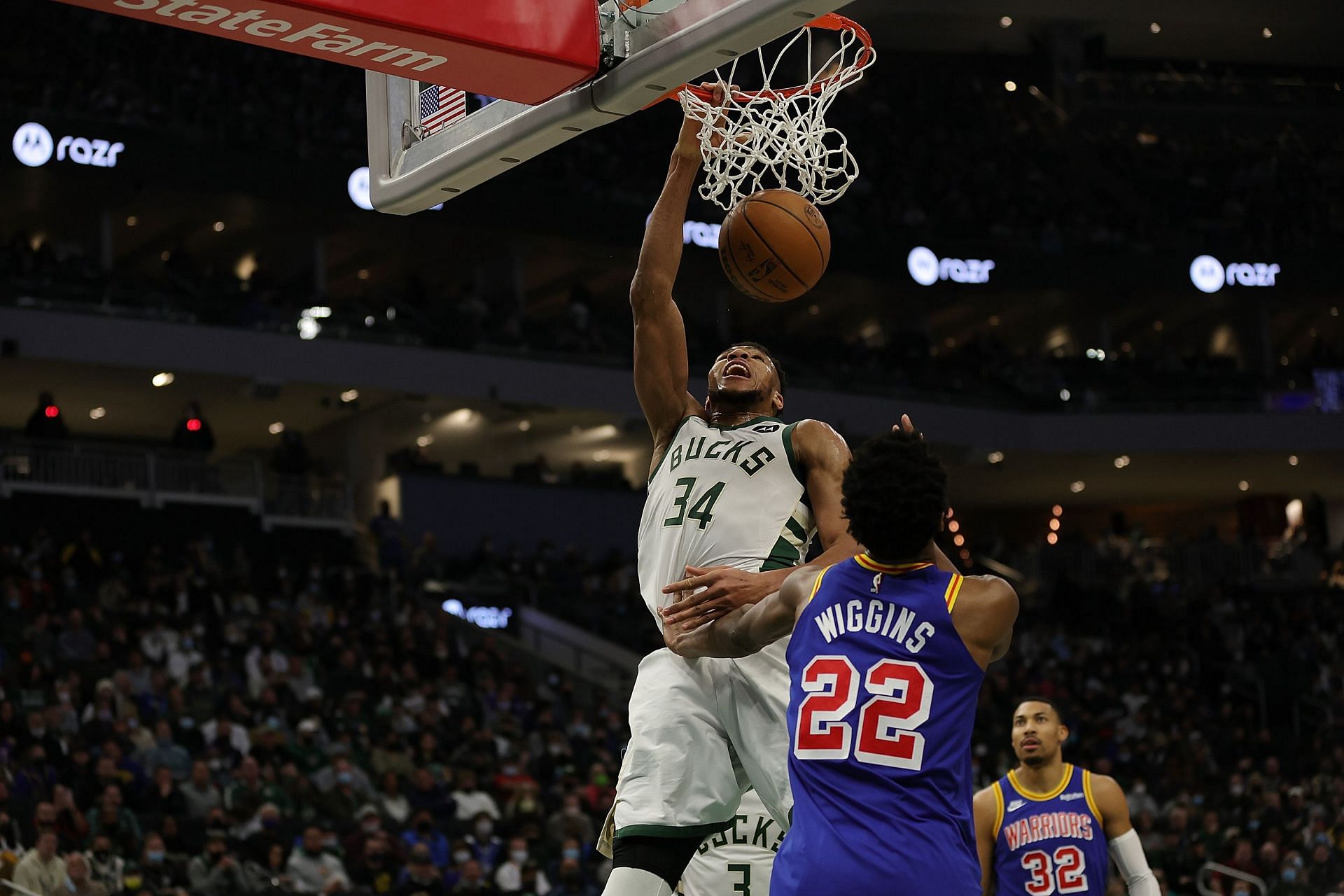 Giannis Antetokounmpo of the Milwaukee Bucks against the Golden State Warriors