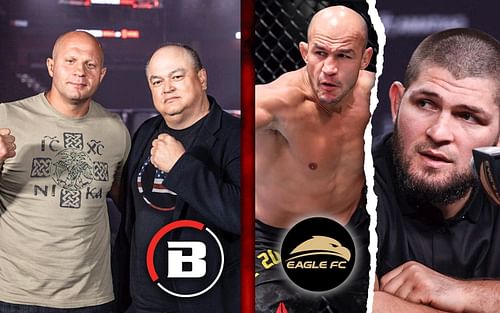 (L to R) Fedor Emelianenko and Scott Coker (via @fedoremelianenkoofficial on Instagram), Junior dos Santos, Khabib Nurmagomedov (via @khabib_nurmagomedov on Instagram), Bellator and Eagle FC logos (via @bellatormma and @eaglefcmma on Instagram)