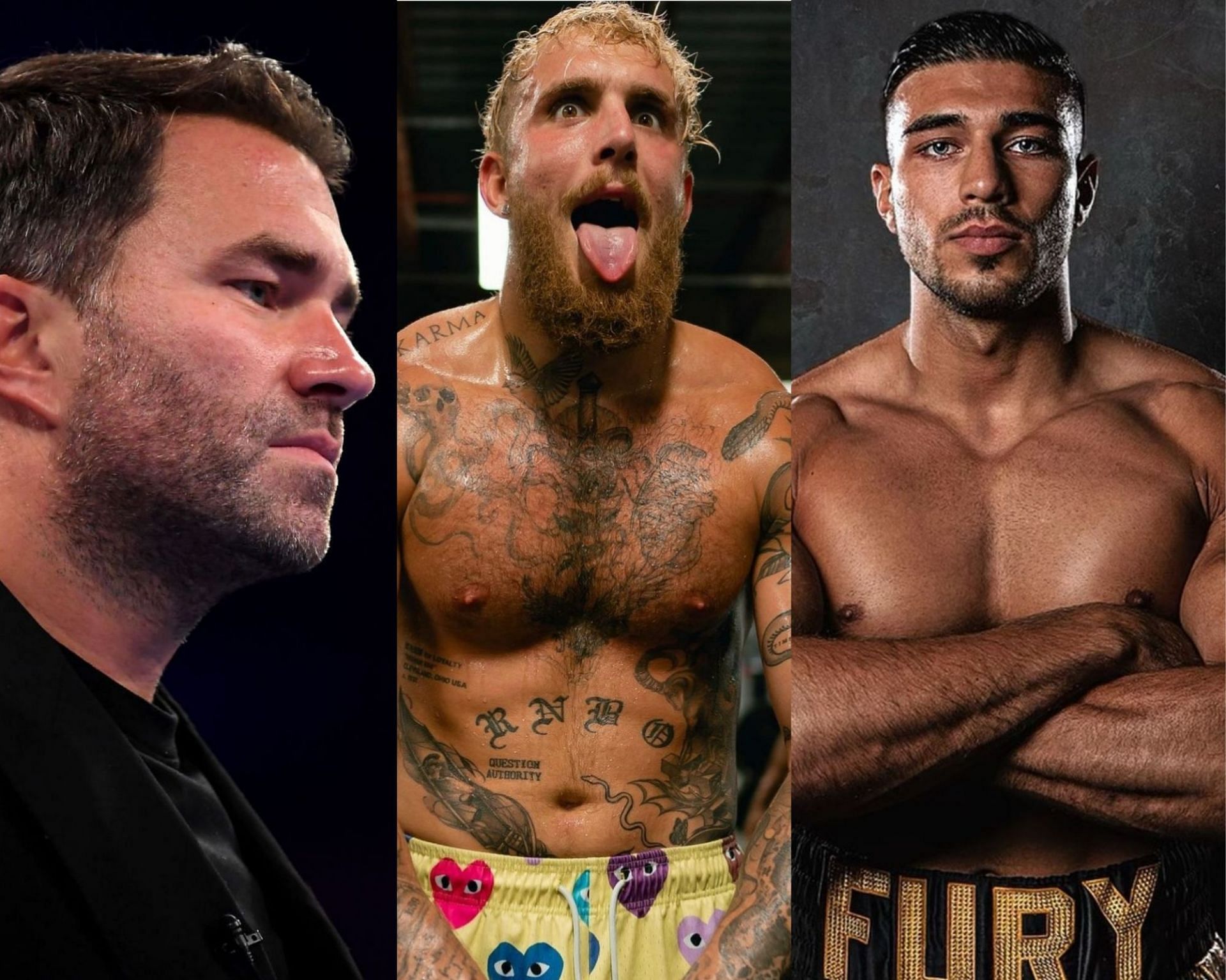 Eddie Hearn, Jake Paul, and Tommy Fury. (Photos by Getty Images (left), @jakepaul (middle) and @tommyfury (right) on Instagram)