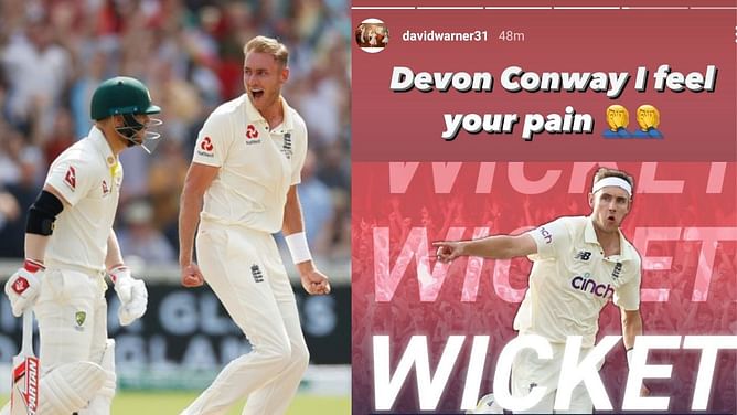 "Devon Conway I feel your pain" - David Warner shares hilarious Instagram story after Stuart Broad dominates Conway in 1st ENG vs NZ Test