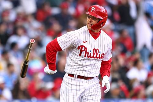 Rhys Hoskins flips his bat after a hit during a Philadelphia Phillies v Oakland Athletics game.