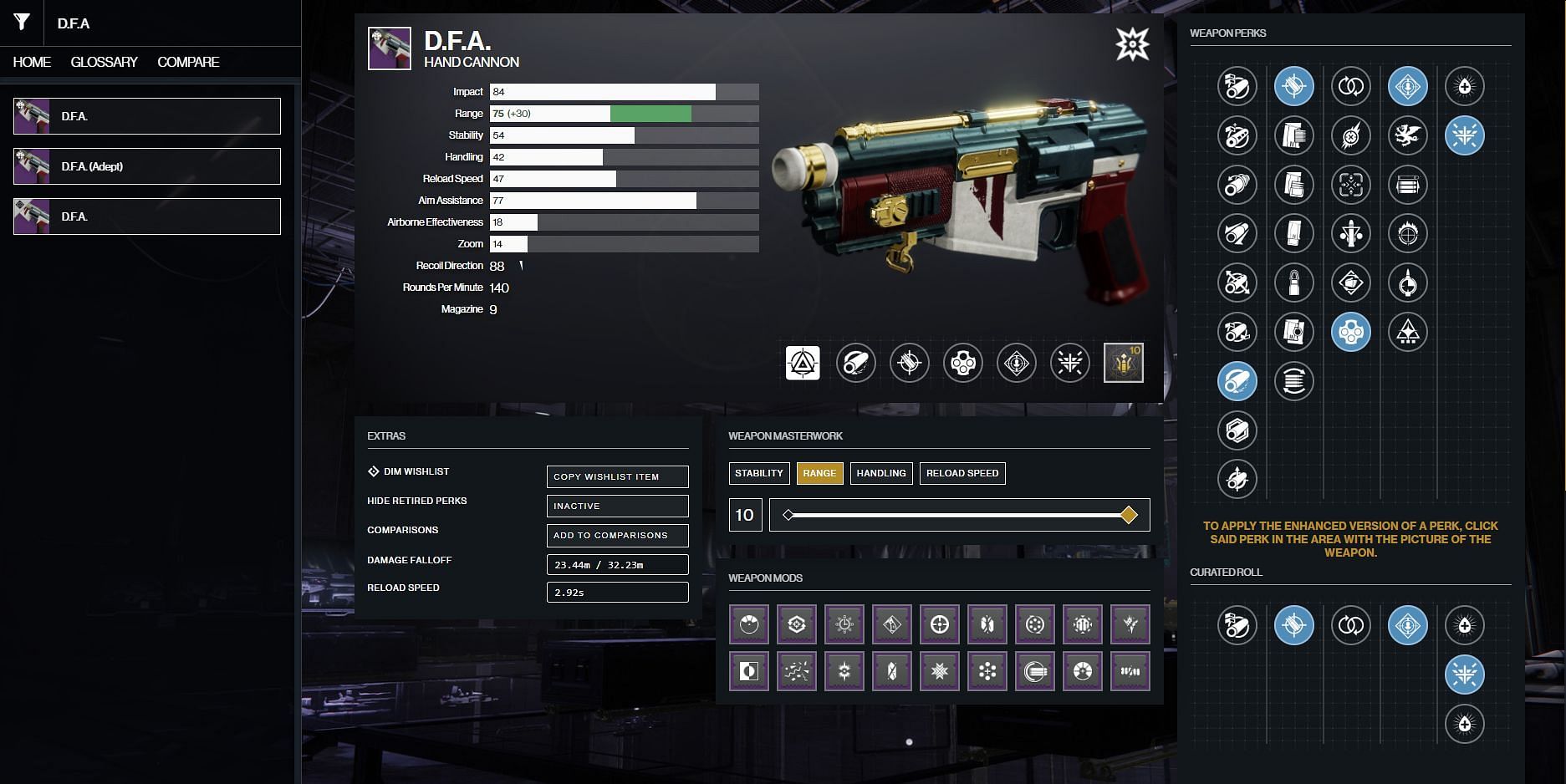D.F.A. best perks for PvP in Destiny 2 (Image via D2Gunsmith)