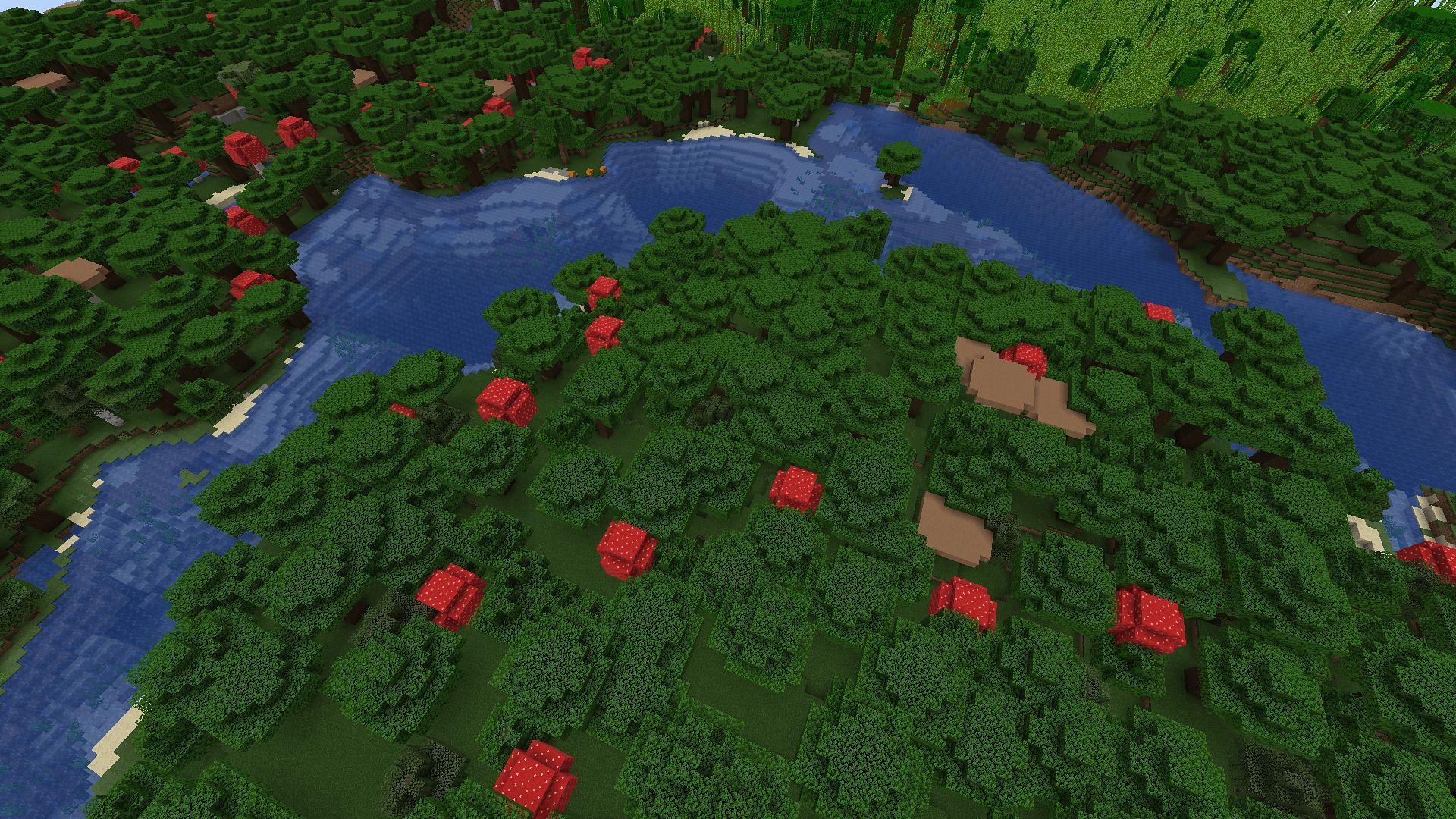 The area of the dark oak forest sectioned off by a river (Image via Minecraft)