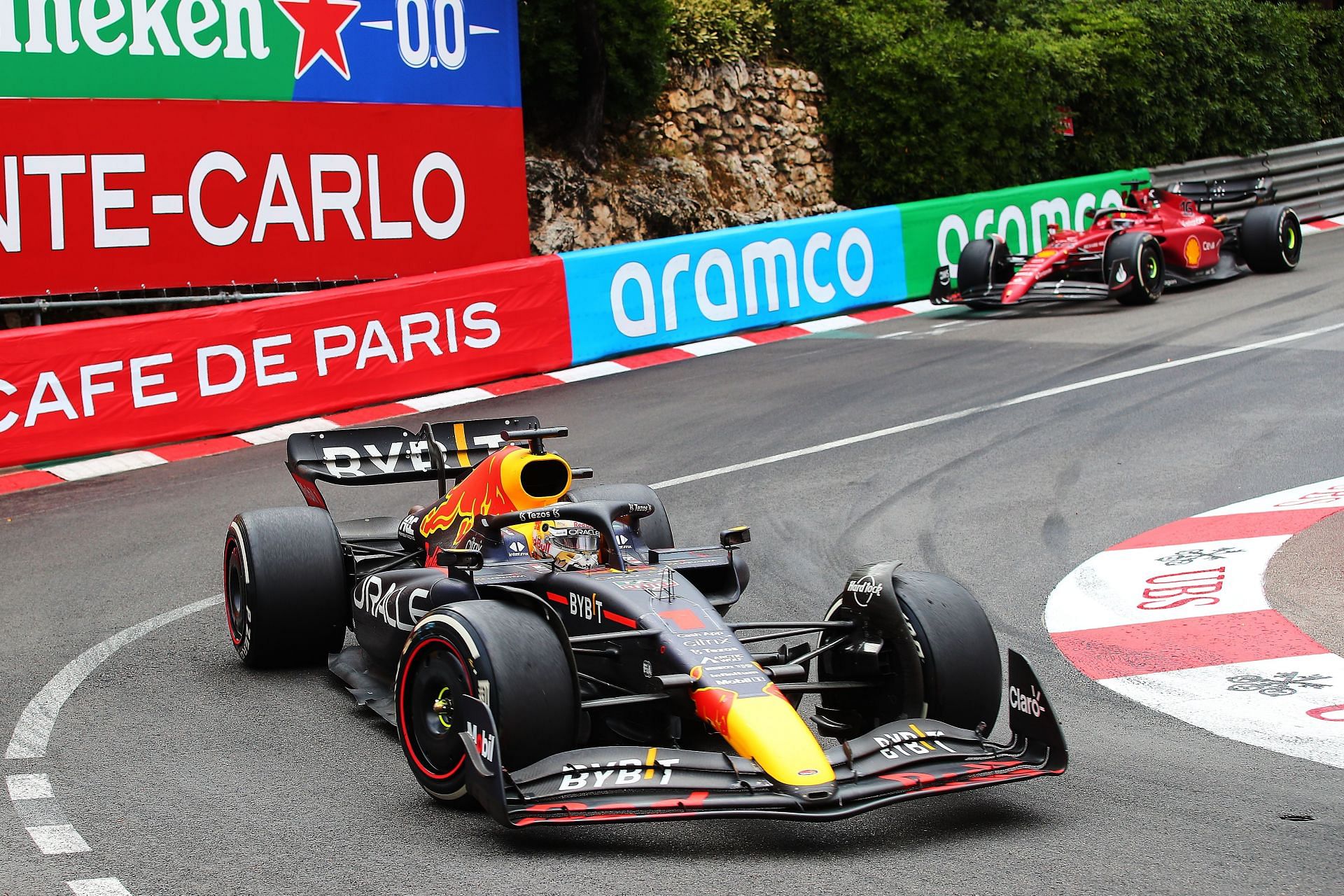 Red Bull&#039;s Max Verstappen (foreground) leading Ferrari&#039;s Charles Leclerc (background) during the 2022 F1 Monaco GP. (Photo by Eric Alonso/Getty Images)