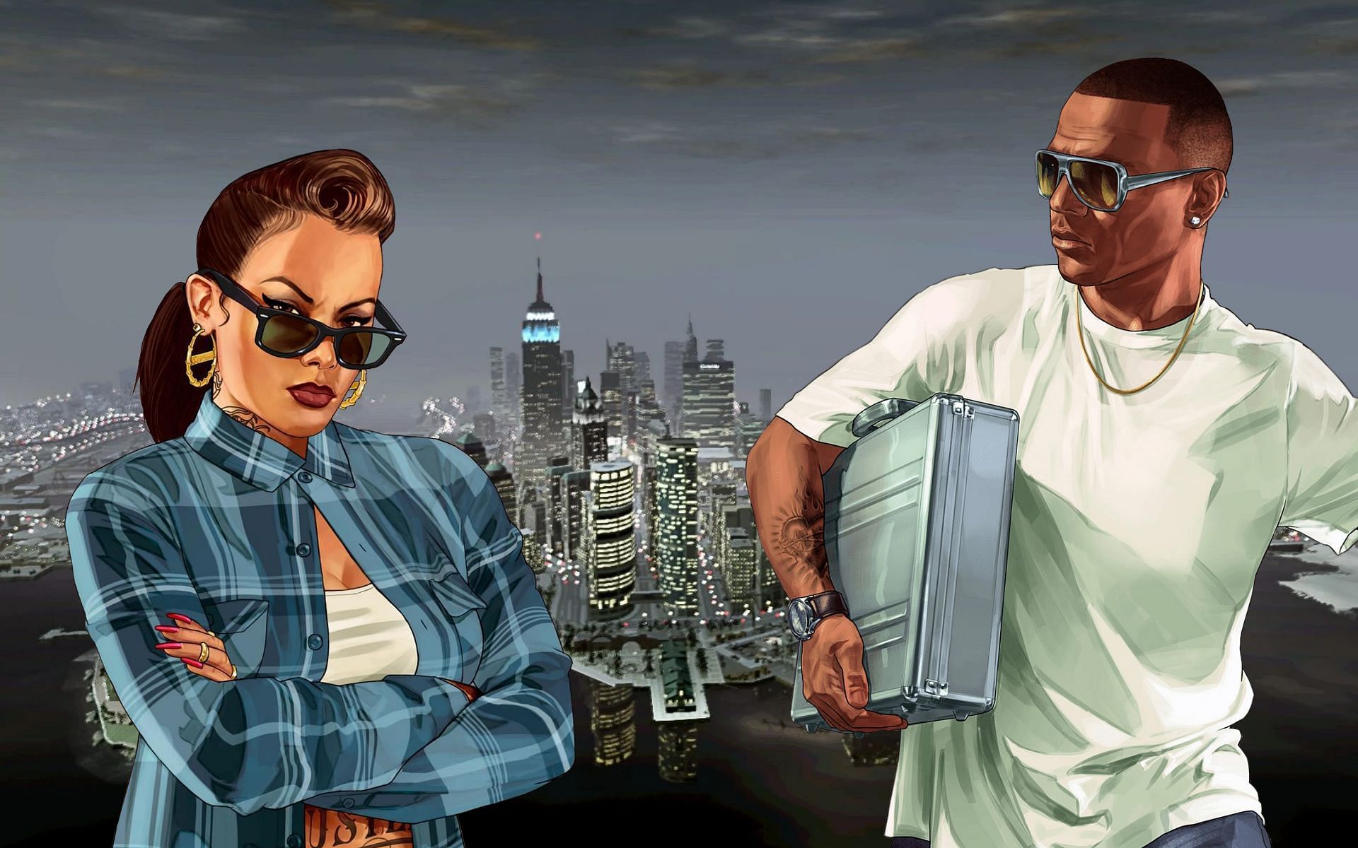 Liberty City, seen in the background, with two generic Online characters in the front (Image via Rockstar Games)