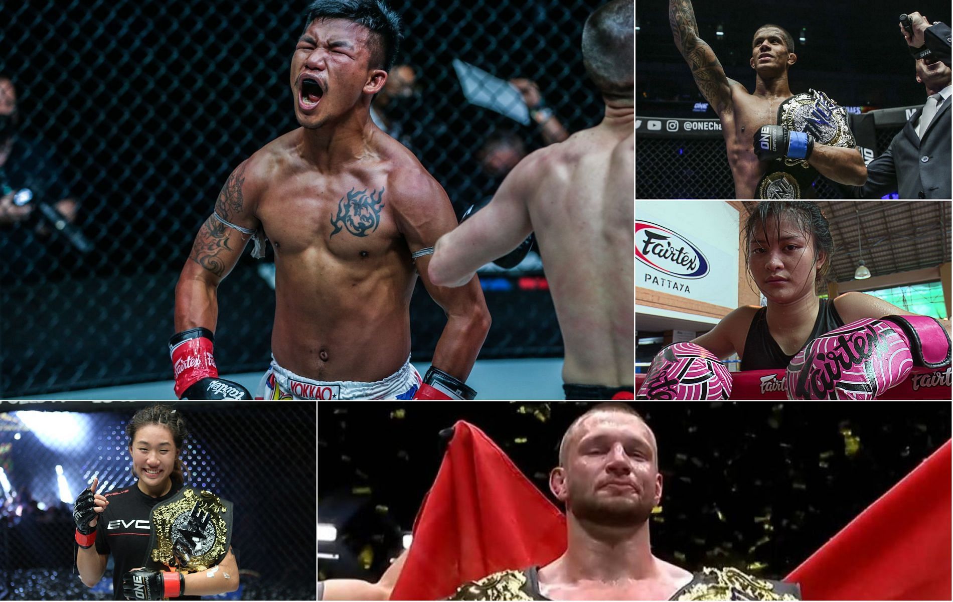 Clockwise from top left: Rodtang Jitmuangnon, Adriano Moraes, Stamp Fairtex, Reinier de Ridder, and Angela Lee [Photo Credits: ONE Championship]