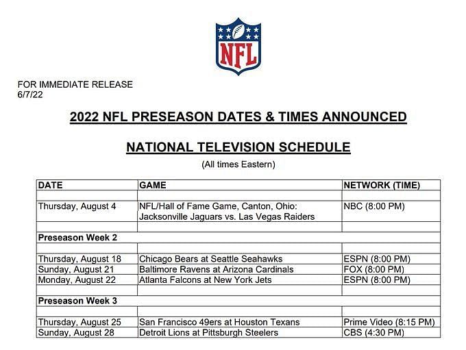 NFL schedule pre-season primetime games 2022