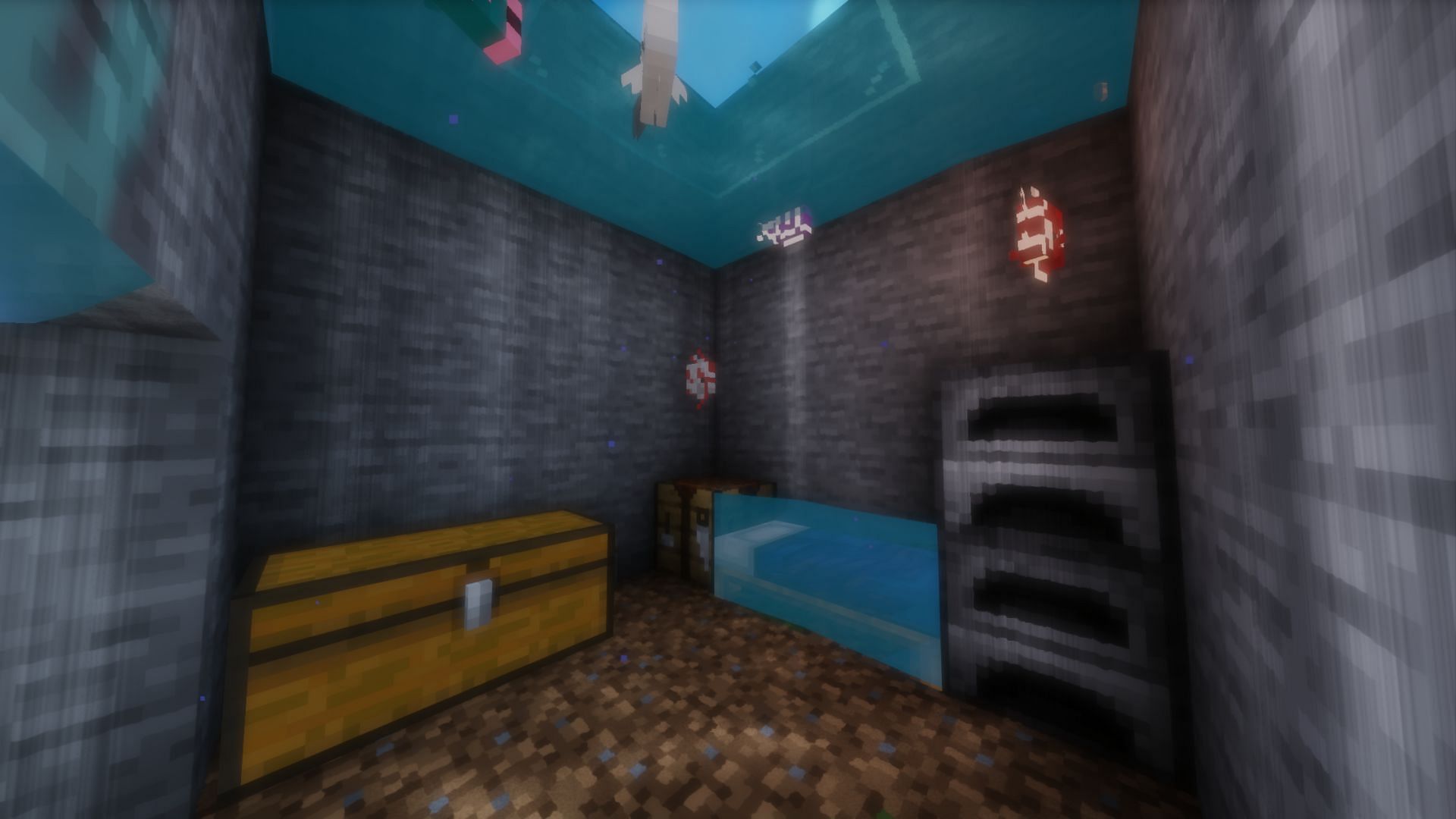 A house with water and fish (Image via Minecraft)