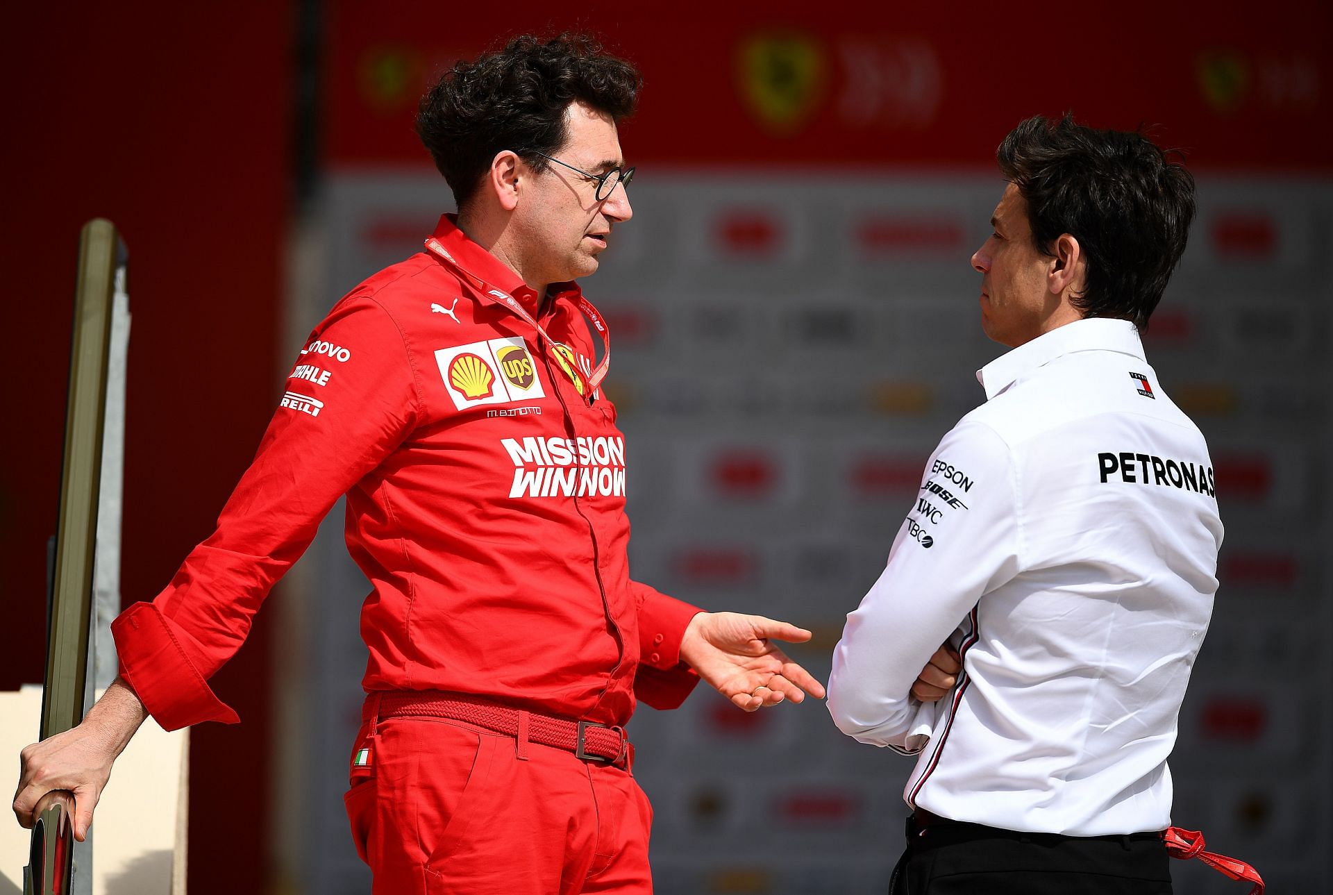 Mattia Binotto (left) and Toto Wolff (right) at the F1 Grand Prix of Bahrain