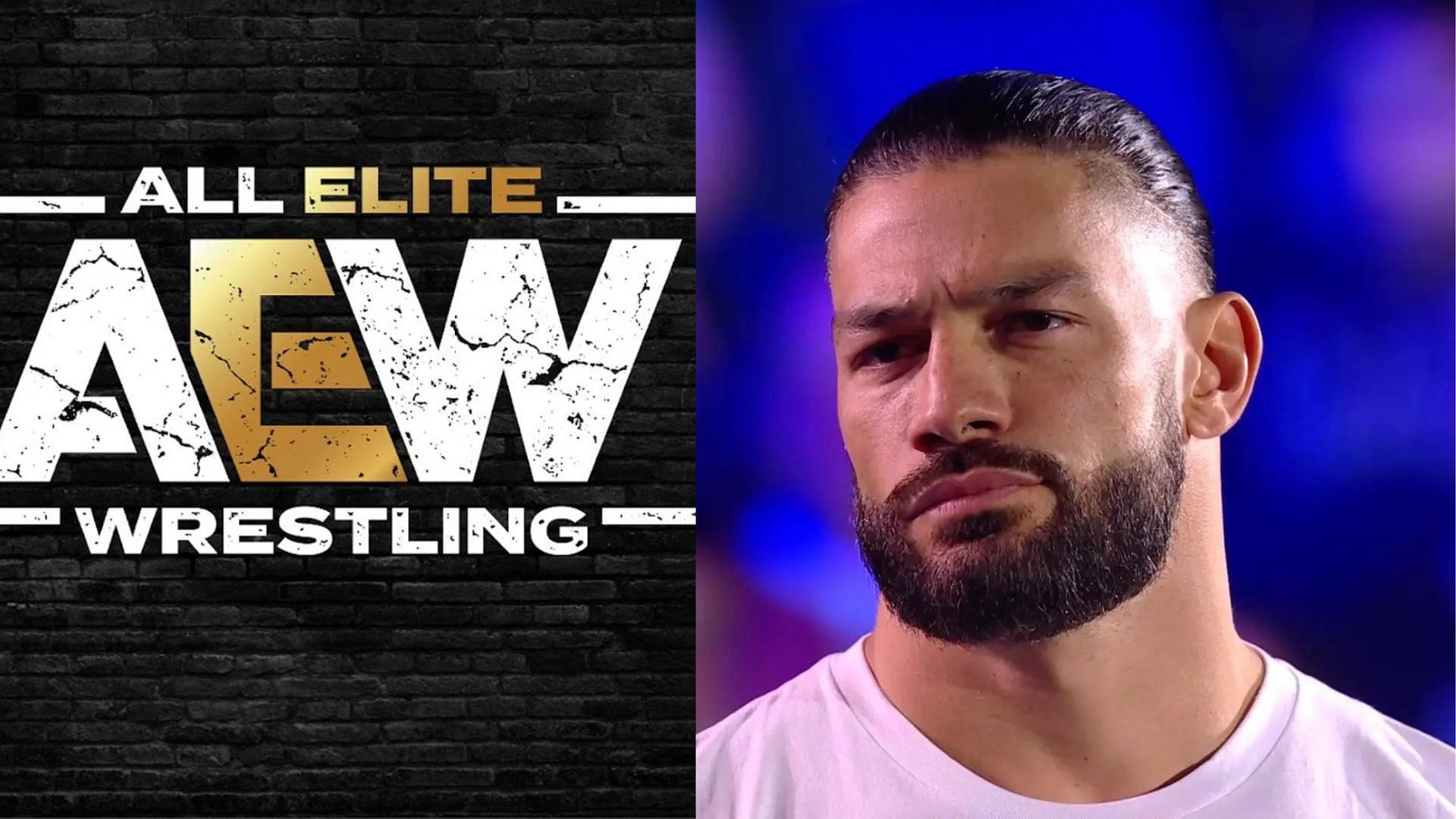 AEW logo (left); WWE Superstar Roman Reigns (right)