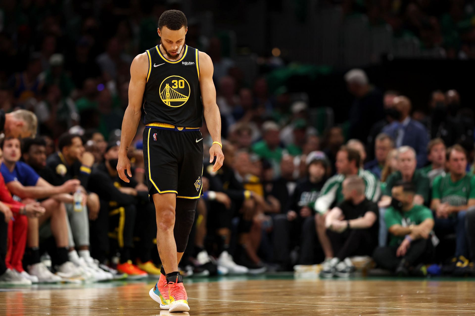 Steph Curry of the Golden State Warriors looks on in the second quarter against the Boston Celtics.