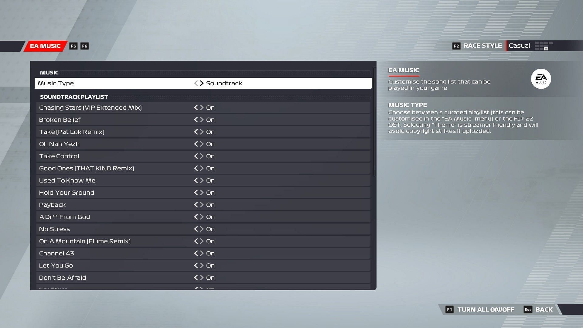 The EA Playlist features a variety of songs (Image via F1 22)