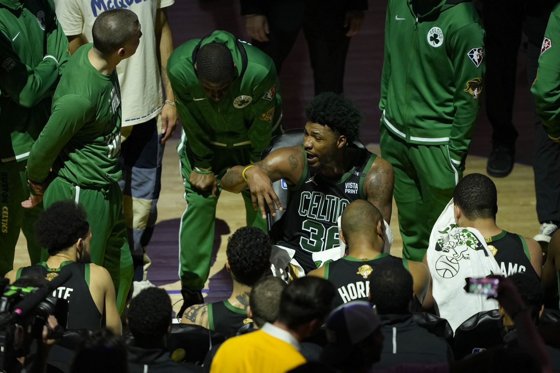 Marcus Smart (36) of the Boston Celtics talks with teammates at the end of the third quarter against the Golden State Warriors in Game 5 of the &lt;a href=&#039;https://www.sportskeeda.com/basketball/nba-finals&#039; target=&#039;_blank&#039; rel=&#039;noopener noreferrer&#039;&gt;NBA Finals&lt;/a&gt; on Monday in San Francisco, California.